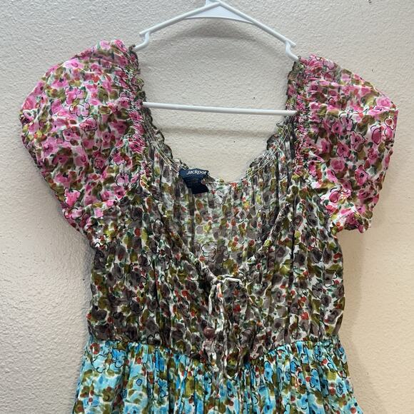 VTG 90s Y2K Jackpot Cottagecore Dress Tiered Midi Boho Puffed Sleeves Womens L - Picture 2 of 7